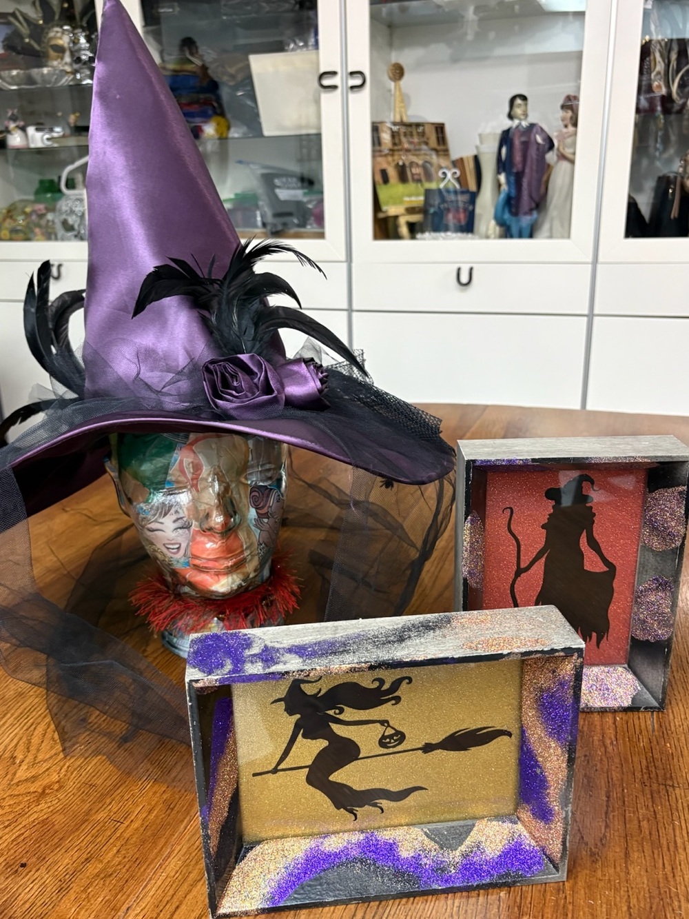Witch Halloween Bundle Purple Feather Hat & 2 Glitter Silhouette Art Pieces